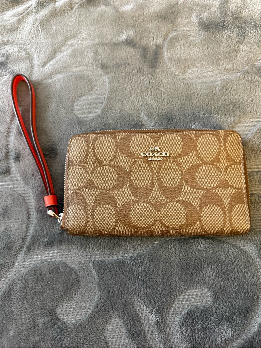 Coach Brown Orange Interior Signature C Zip-Around Wristlet with Strap OSP